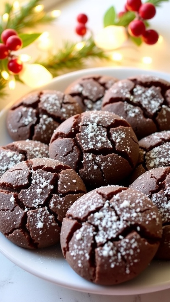 A plate of Christmas snap cookies dusted with sugar, surrounded by holiday decorations.